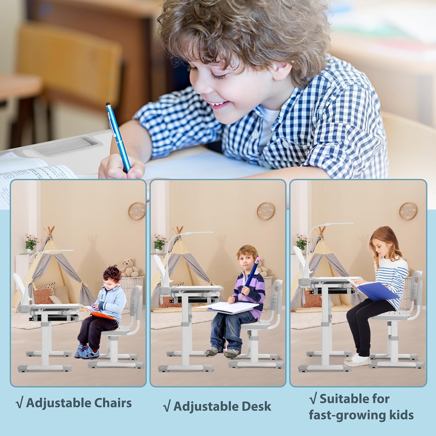 Rengue Kids Desk and Chair Set Height Adjustable School Study Desk and Chair with 55° Tiltable Desktop, 3 Modes&3 Brightness LED Lamps, Storage Drawer and Metal Hook for Boys Girls, Grey-5