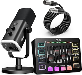 FIFINE Gaming Equipment Bundle, Dynamic XLR/USB Gaming Microphone Set with Streaming Audio Mixer for Podcast Recording Video Vocal, RGB Gamer Set with Volume Fader/XLR Interface for PC-AmpliGame KS5