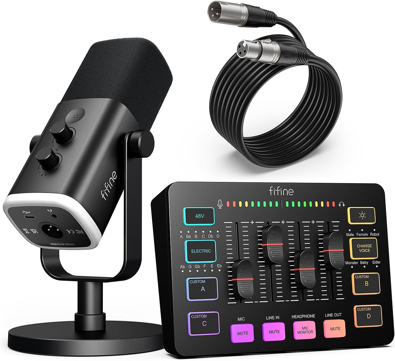 FIFINE Gaming Equipment Bundle, Dynamic XLR/USB Gaming Microphone Set with Streaming Audio Mixer for Podcast Recording Video Vocal, RGB Gamer Set with Volume Fader/XLR Interface for PC-AmpliGame KS5-0