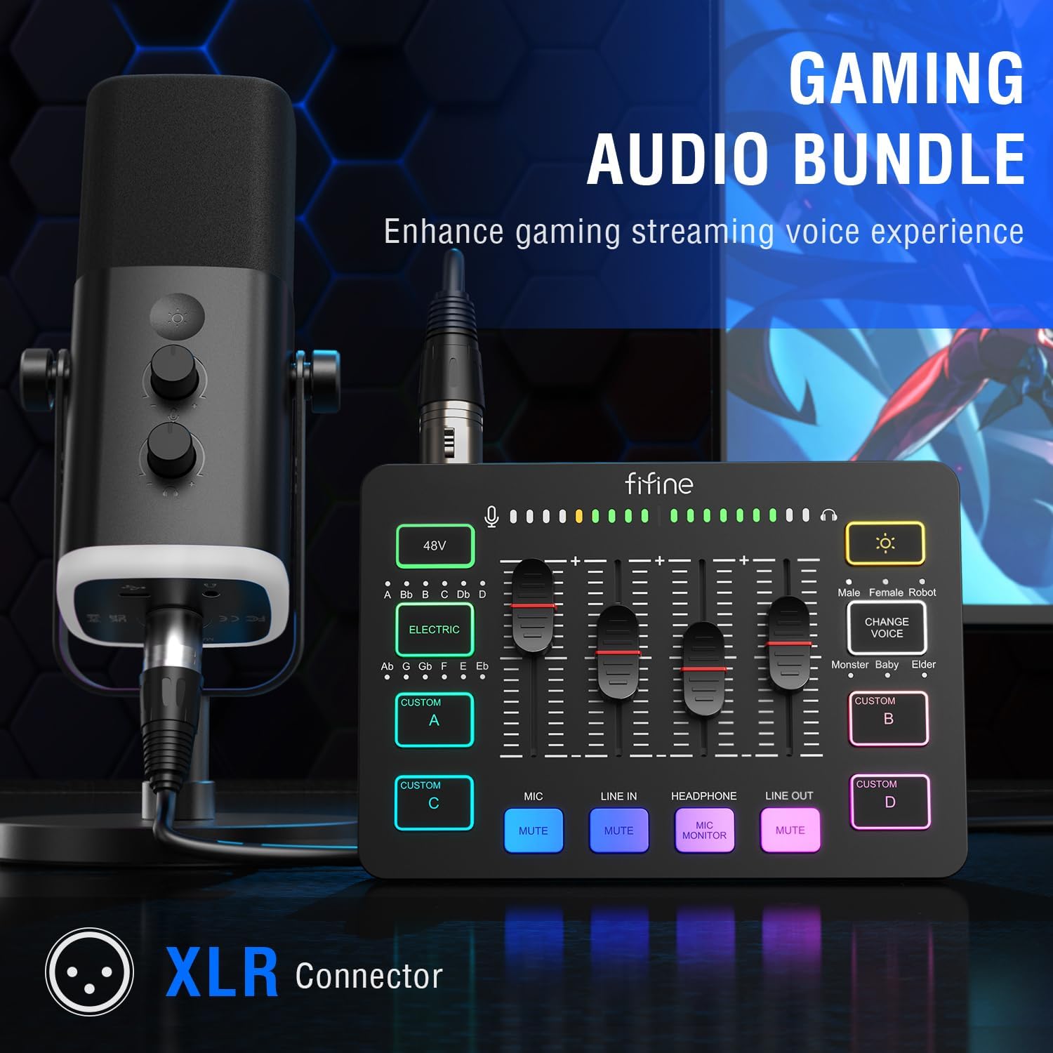 FIFINE Gaming Equipment Bundle, Dynamic XLR/USB Gaming Microphone Set with Streaming Audio Mixer for Podcast Recording Video Vocal, RGB Gamer Set with Volume Fader/XLR Interface for PC-AmpliGame KS5-1