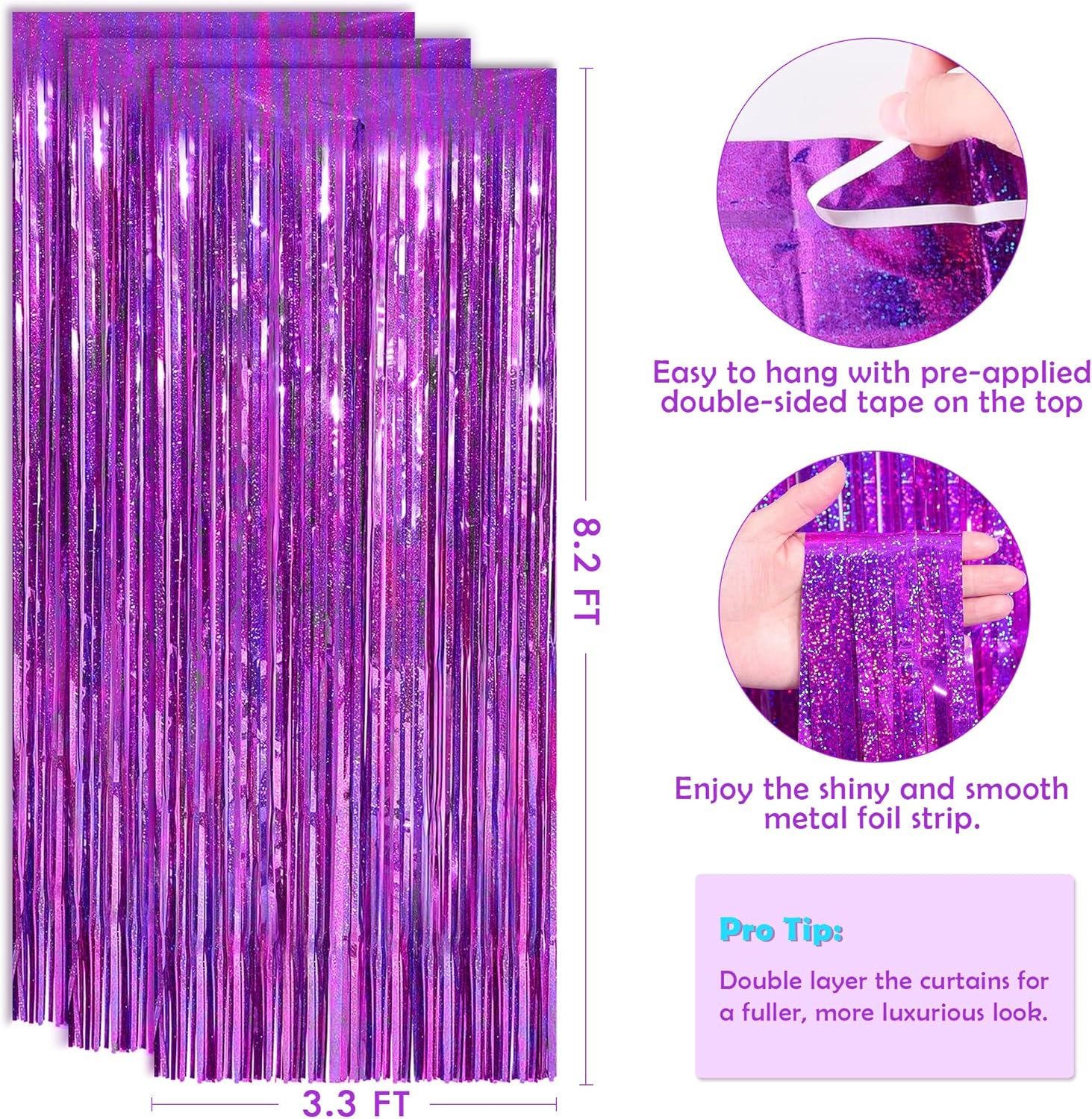 OHOME Hot Pink Tinsel Curtain Party Backdrop Foil Fringe Metallic Laser Party Streamers Birthday Disco Bachelorette Bridal Wedding Graduation Baby Shower Decor Party Decorations,2 Pack,3.3ftx8.2ft-2