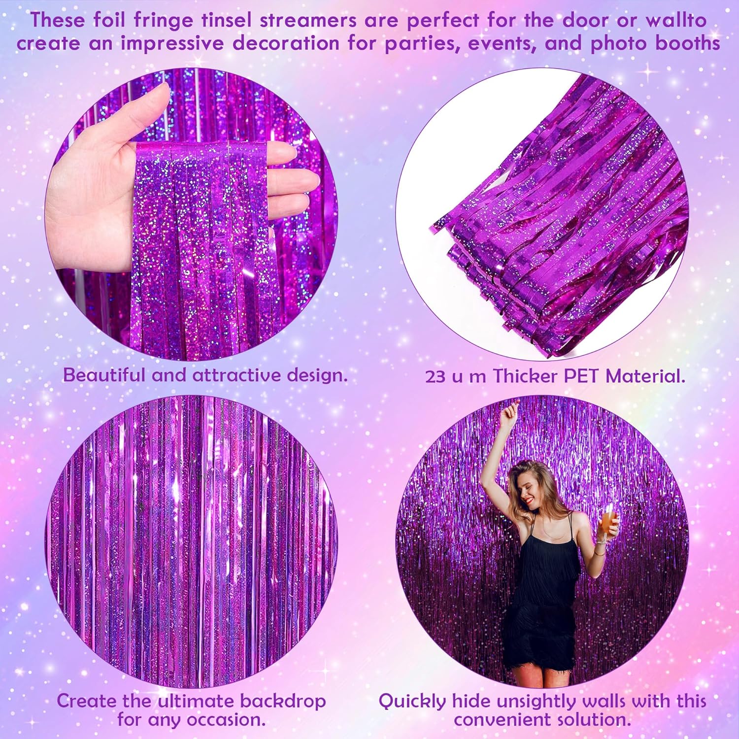 OHOME Hot Pink Tinsel Curtain Party Backdrop Foil Fringe Metallic Laser Party Streamers Birthday Disco Bachelorette Bridal Wedding Graduation Baby Shower Decor Party Decorations,2 Pack,3.3ftx8.2ft-4