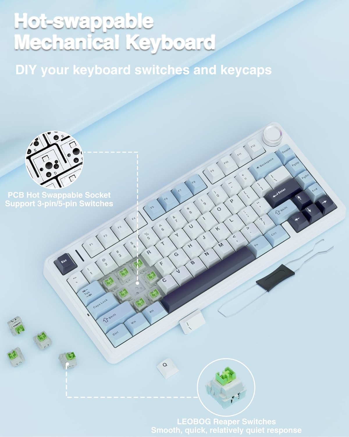 AULA F75 75% Wireless Mechanical Keyboard,Gasket Hot Swappable Custom Keyboard,Pre-lubed Reaper Switches RGB Backlit Gaming Keyboard,2.4GHz/Type-C/BT5.0 Mechanical Keyboard (White & Blue)-4