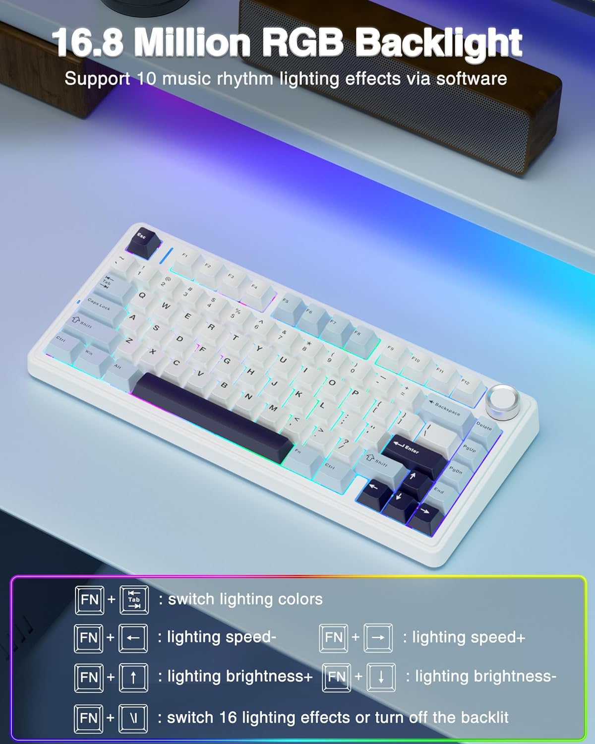 AULA F75 75% Wireless Mechanical Keyboard,Gasket Hot Swappable Custom Keyboard,Pre-lubed Reaper Switches RGB Backlit Gaming Keyboard,2.4GHz/Type-C/BT5.0 Mechanical Keyboard (White & Blue)-5