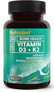 BioEmblem Vitamin D3 K2 Capsules (5000IU and 200mcg) - Patented MK7 and MK4 for 3-in-1 Complex Support - Vegetarian Vitamin D K2 Supplement for Teeth, Heart, Immune System - Non-GMO, 90 Caps