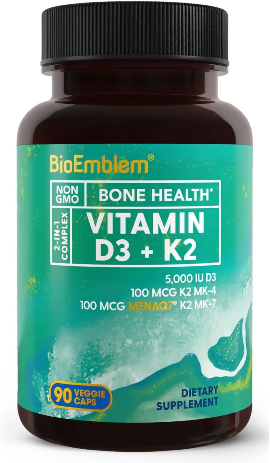 BioEmblem Vitamin D3 K2 Capsules (5000IU and 200mcg) - Patented MK7 and MK4 for 3-in-1 Complex Support - Vegetarian Vitamin D K2 Supplement for Teeth, Heart, Immune System - Non-GMO, 90 Caps-0