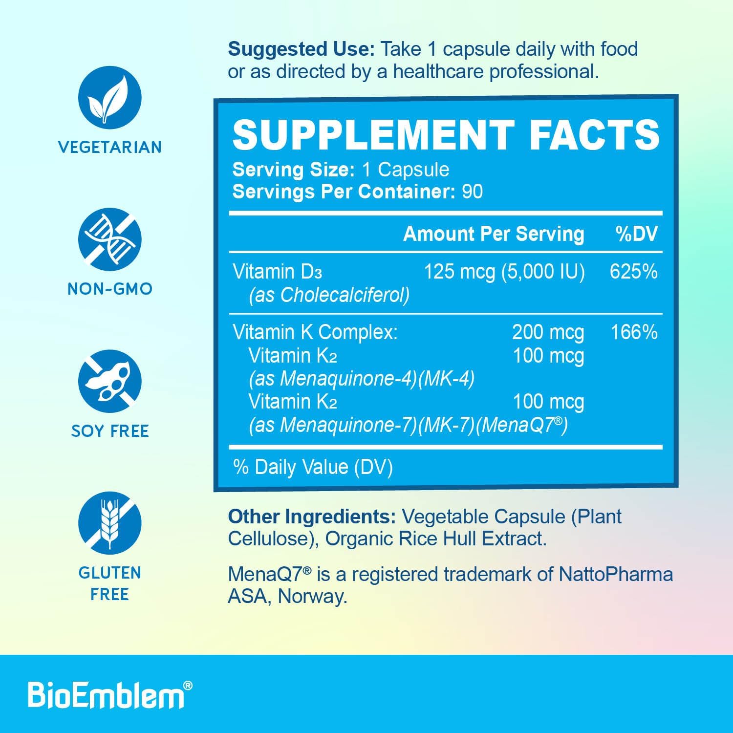 BioEmblem Vitamin D3 K2 Capsules (5000IU and 200mcg) - Patented MK7 and MK4 for 3-in-1 Complex Support - Vegetarian Vitamin D K2 Supplement for Teeth, Heart, Immune System - Non-GMO, 90 Caps-3