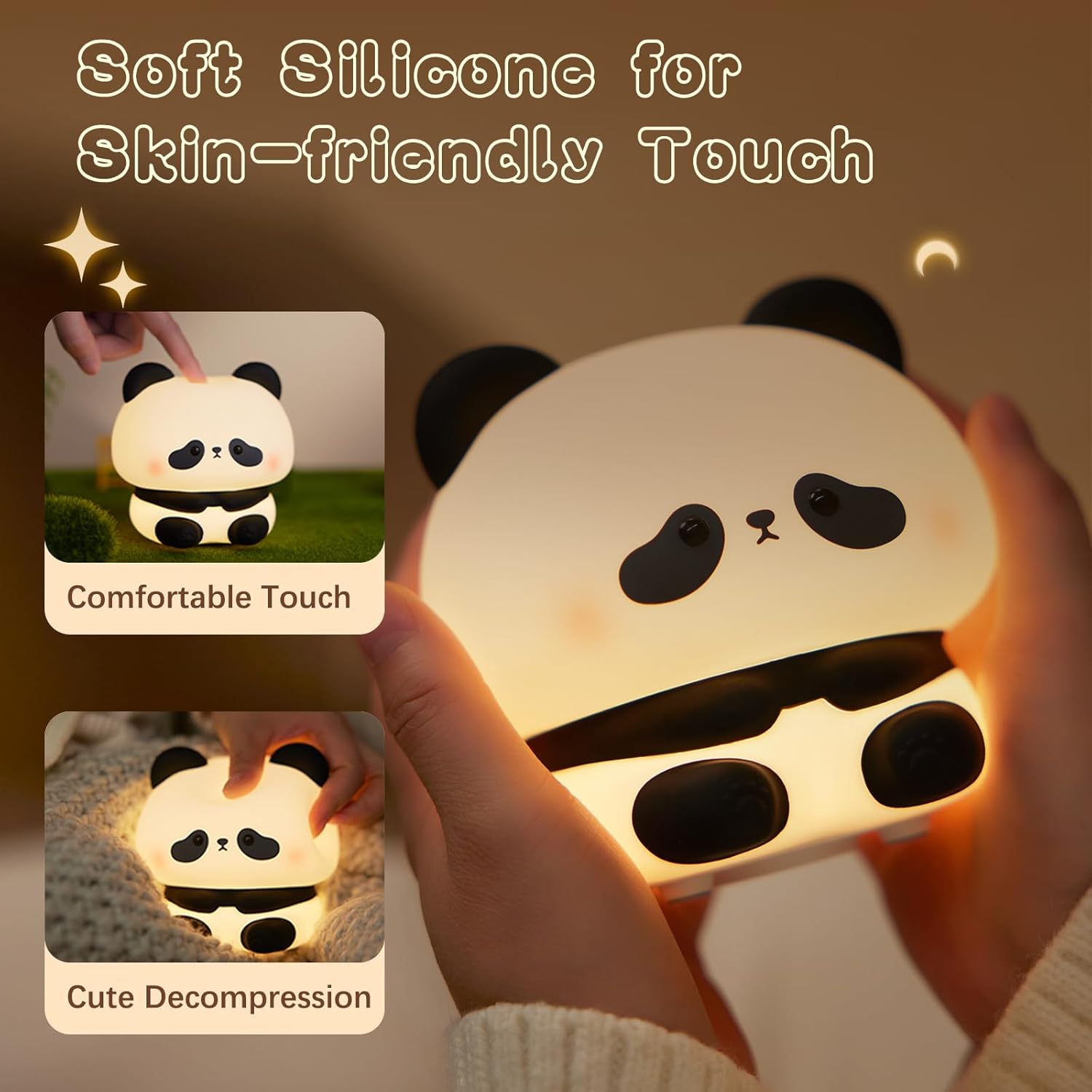 Cute Panda Night Light, LED Squishy Novelty Animal Night Lamp, Food Grade Silicone 3 Level Dimmable Breastfeeding Nursery Nightlight for Room Decor, Cute Gifts Stuff for Boys Girls Baby Children-3