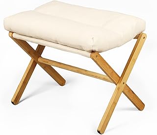 Bamboo Folding Footrest Stool,Modern Couch Ottoman with X Legs,Small Ottoman Foot Rest with Thick Cotton Cushion,Foldable Change Shoes Bench Entryway Chair for Home Living Room Bedroom