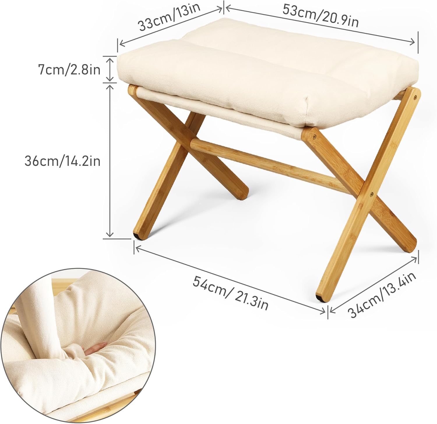 Bamboo Folding Footrest Stool,Modern Couch Ottoman with X Legs,Small Ottoman Foot Rest with Thick Cotton Cushion,Foldable Change Shoes Bench Entryway Chair for Home Living Room Bedroom-2