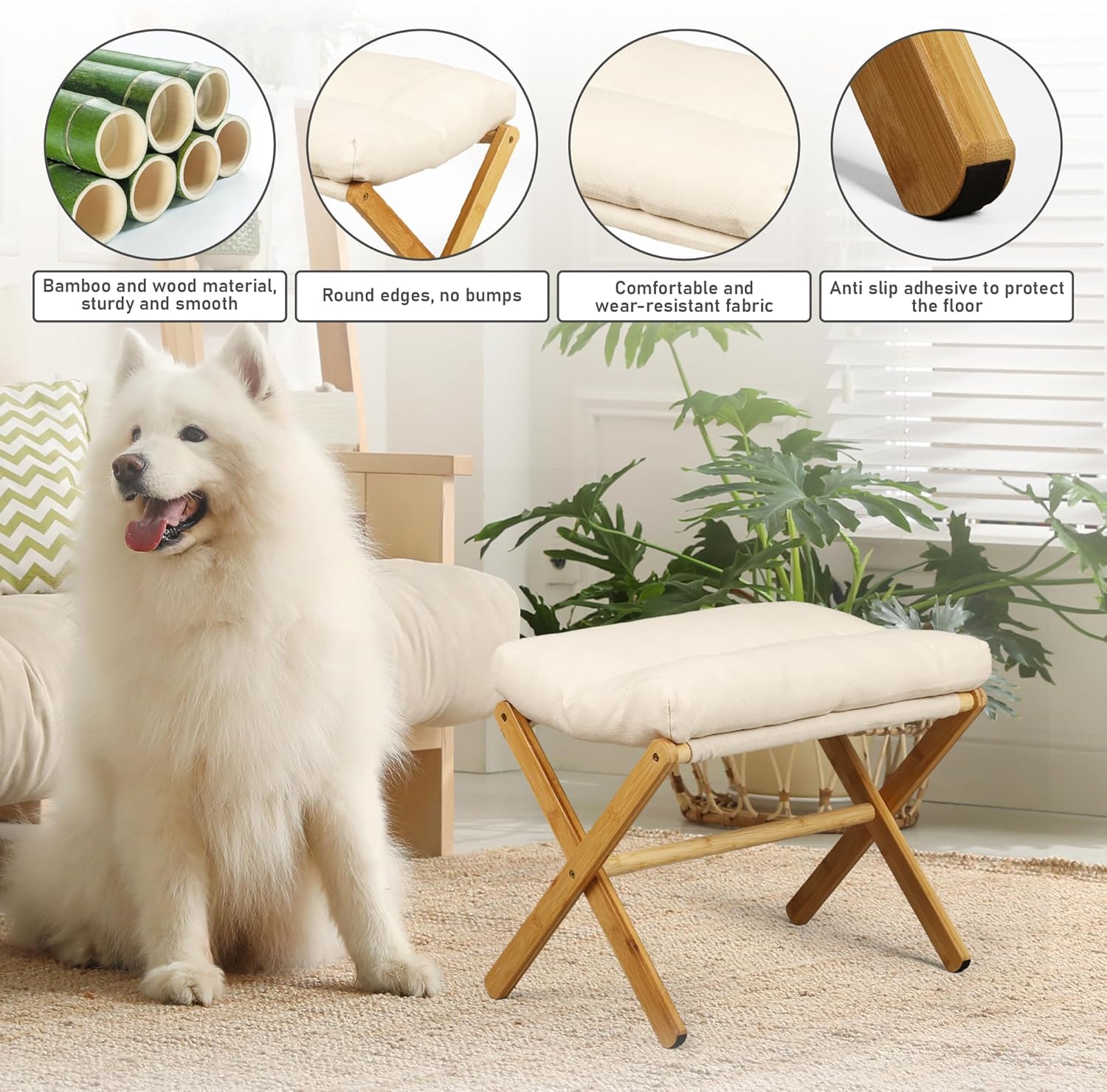 Bamboo Folding Footrest Stool,Modern Couch Ottoman with X Legs,Small Ottoman Foot Rest with Thick Cotton Cushion,Foldable Change Shoes Bench Entryway Chair for Home Living Room Bedroom-5