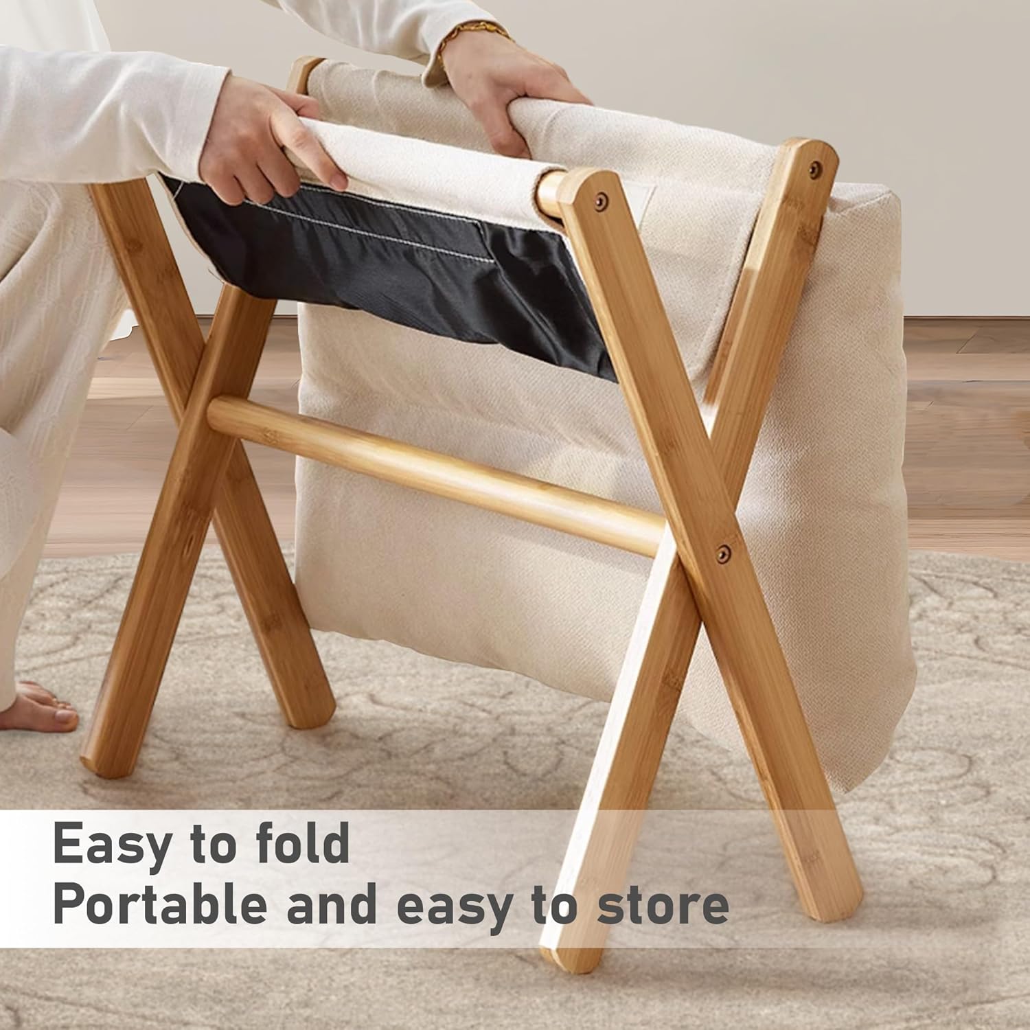 Bamboo Folding Footrest Stool,Modern Couch Ottoman with X Legs,Small Ottoman Foot Rest with Thick Cotton Cushion,Foldable Change Shoes Bench Entryway Chair for Home Living Room Bedroom-6