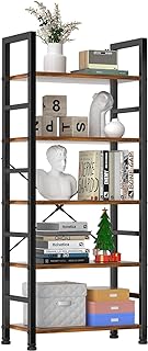 Sweetcrispy Book Shelf, 5 Tier Bookcase, Tall Bookshelf Modern Book Case for Books, Garage Kit, CDs, Movies, Industrial Corner Storage Organizer for Bedroom Home Office Kitchen Living Room Rust Brown