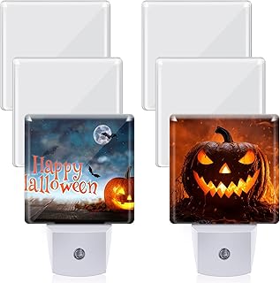 6 Pcs Halloween Pumpkin Plug in Night Light Sublimation Plug into Wall with Light Sensor Flat Acrylic White LED Nightlight Craft for Christmas Bedroom Hallway Stairs Decor(Square)