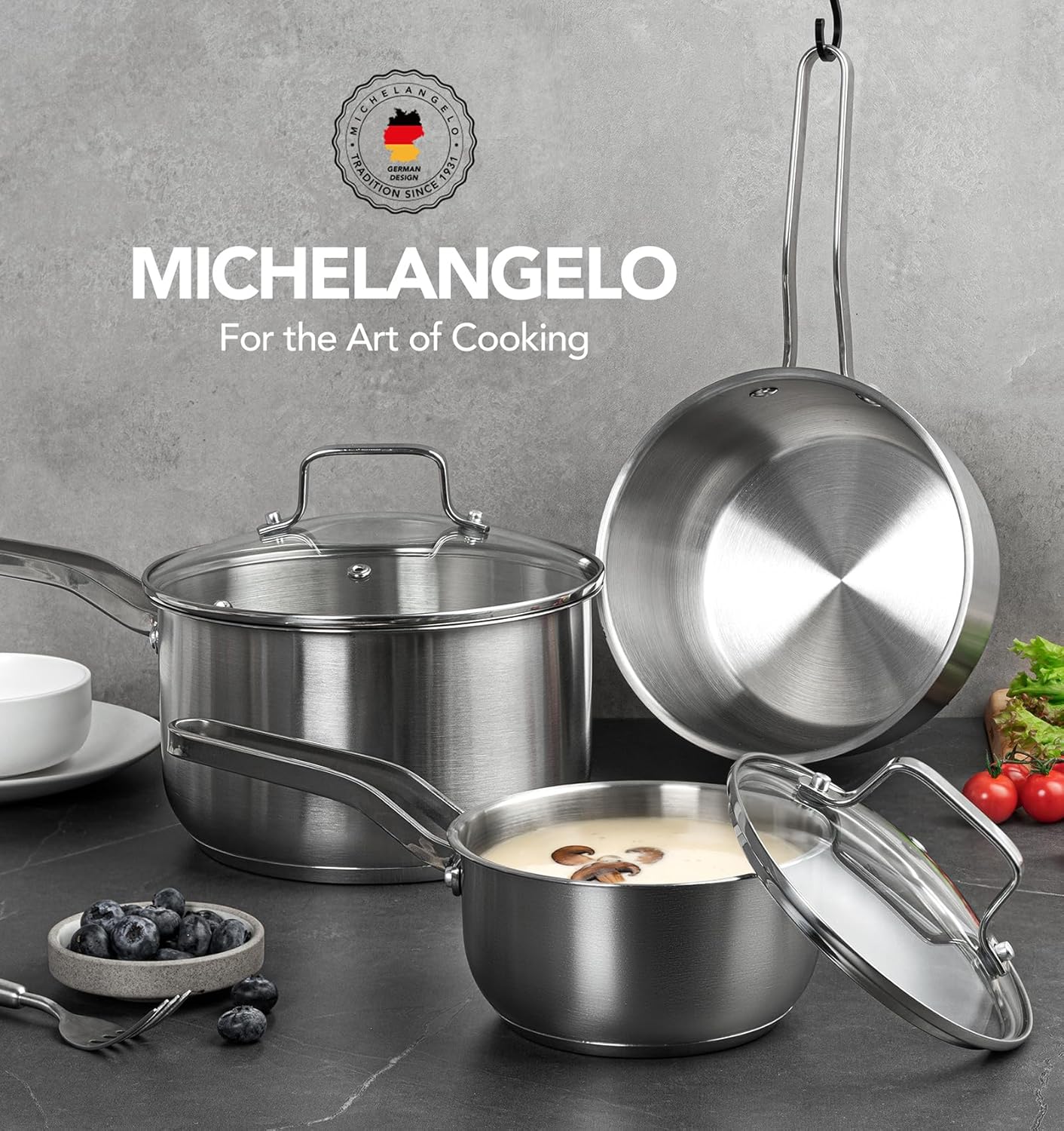 MICHELANGELO Stainless Steel Pot Set - 1QT & 2QT & 3QT Stainless Steel Sauce Pan with Lid, Induction Saucepan Set, Small Pots for Cooking - 6 Pcs-6