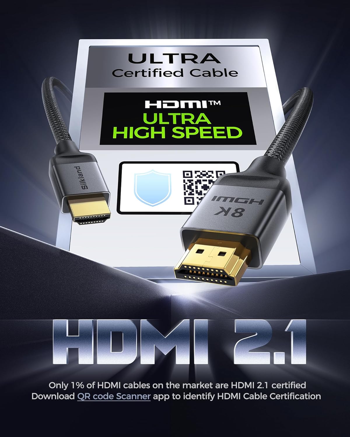 Silkland 10K 8K HDMI 2.1 Cable Certified, [4K@120Hz 144Hz, 8K@60Hz, 2K@240Hz] Ultra High Speed HDMI® Cable 48Gbps (Upgrade Braided),HDR, eARC, HDCP 2.3, Compatible for Xbox/PS5/PS4/Roku TV-6.6ft-1