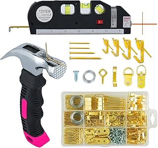 Picture Hanging Kit Tool, 352pcs Hanging Hardware with Heavy Duty Frame Hooks, Wire, Nails, D Rings, Photo Sawtooth Hangers, Wall Art Hanging Kit with Laser Level, Pink Claw Hammer