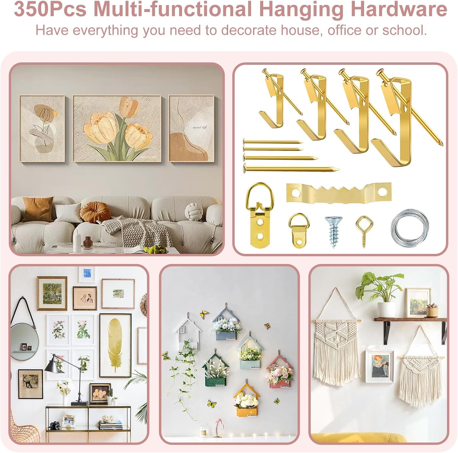 Picture Hanging Kit Tool, 352pcs Hanging Hardware with Heavy Duty Frame Hooks, Wire, Nails, D Rings, Photo Sawtooth Hangers, Wall Art Hanging Kit with Laser Level, Pink Claw Hammer-2