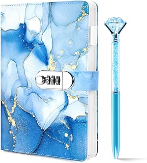 Koogel Diary with Lock, A5 PU leather Journal with Lock 120 Sheets Password Locked Travel Notebook with Crystal Diamond Pen Blue