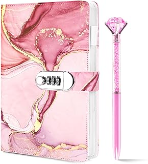 Koogel Diary with Lock for Girls and Women, A5 PU leather Journal with Lock 120 Sheets for Girls Gifts Presents Password Locked Travel Notebook with Crystal Diamond Pen Pink