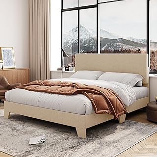 Allewie Queen Size Bed Frame with Adjustable Headboard, Upholstered Platform Bed with Wood Slats, Heavy Duty Mattress Foundation, No Box Spring Needed, Noise-Free, Easy Assembly, Beige