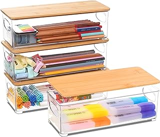 Citylife 4 Packs Clear Pencil Box with Bamboo lids Plastic Storage Containers Stackable Office Supplies Organizer for Gel Pens Erasers Crafts Markers Crayon