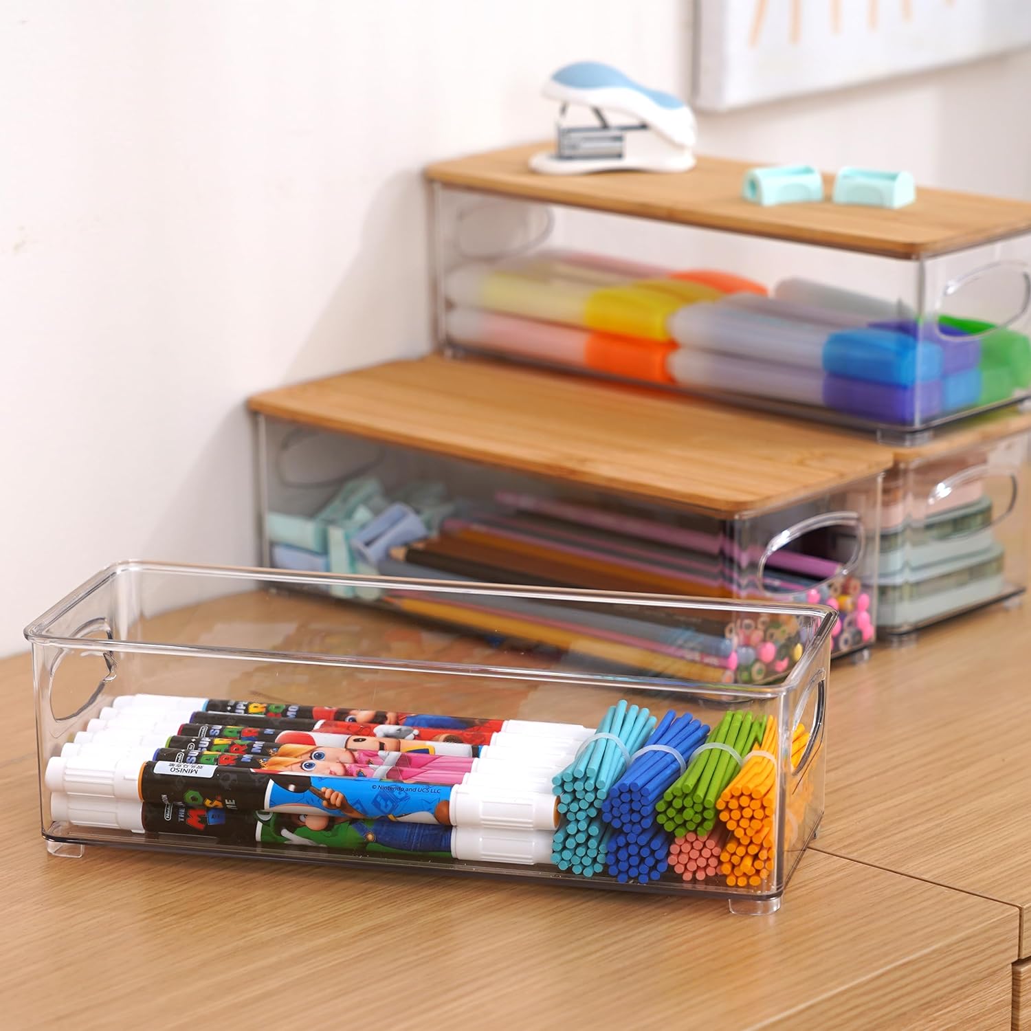 Citylife 4 Packs Clear Pencil Box with Bamboo lids Plastic Storage Containers Stackable Office Supplies Organizer for Gel Pens Erasers Crafts Markers Crayon-3