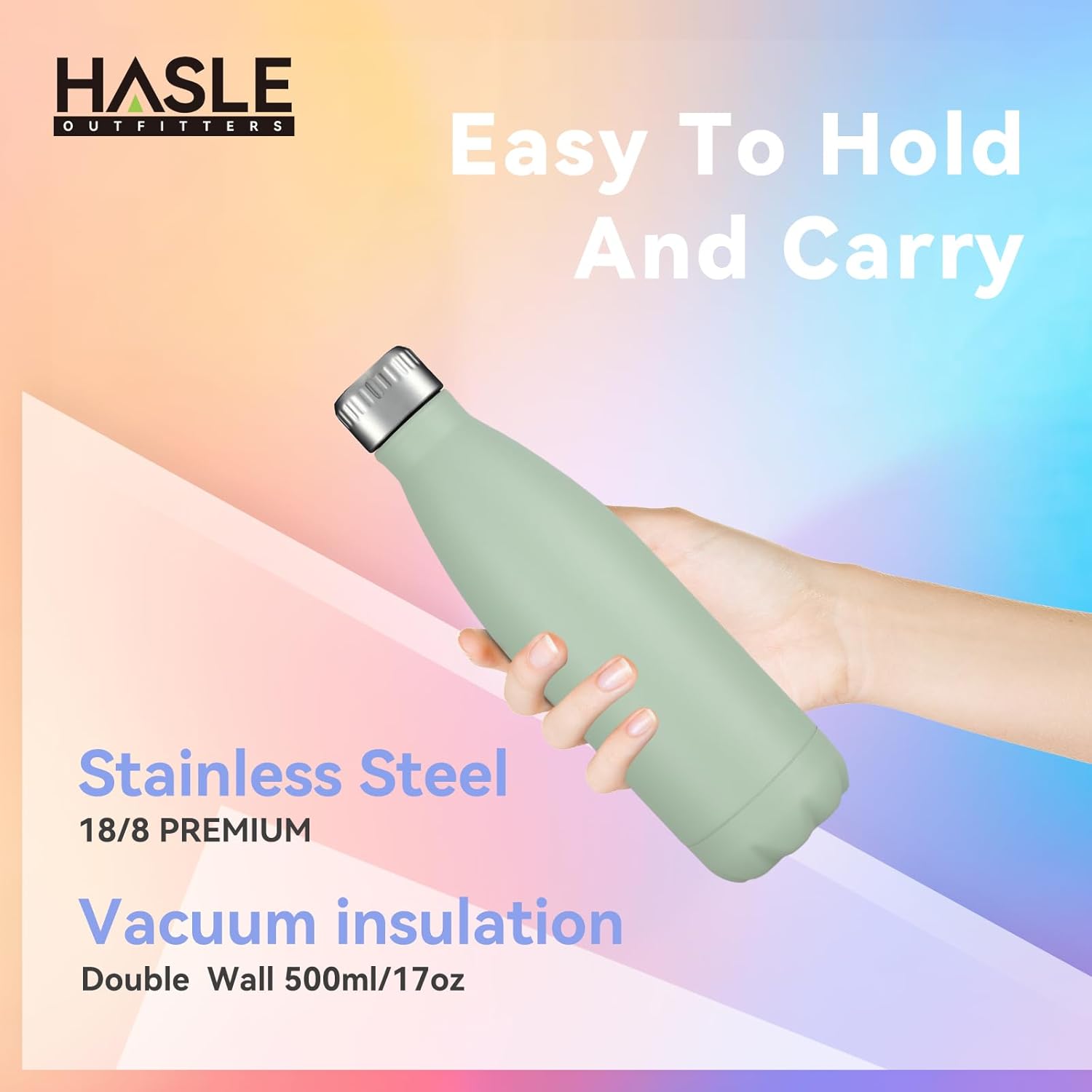 HASLE OUTFITTERS 17oz Stainless Steel Water Bottles, Vacuum Insulated Water Bottles Double Walled Reusable Metal Sports Water Bottles Keep Drinks Hot and Cold, Light Green, 1Pack-2