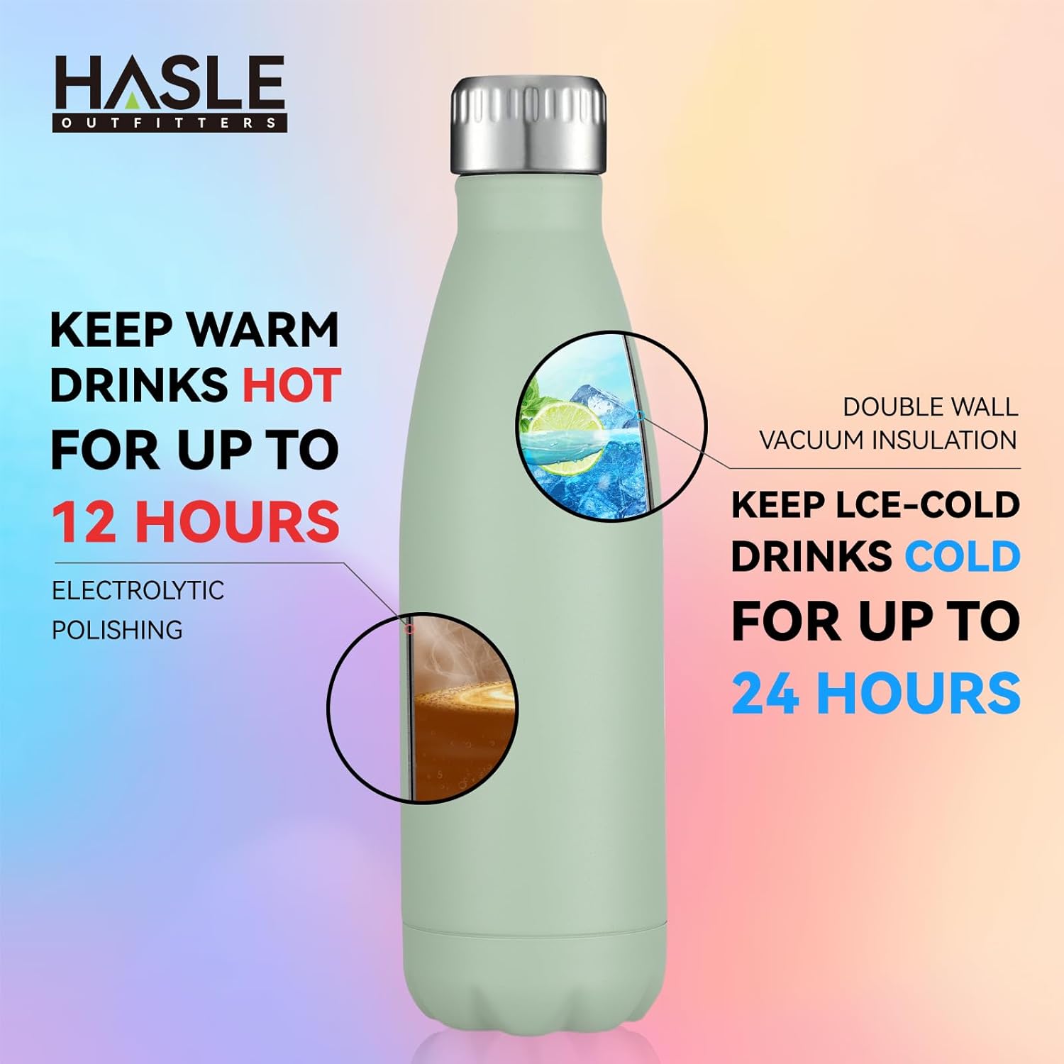 HASLE OUTFITTERS 17oz Stainless Steel Water Bottles, Vacuum Insulated Water Bottles Double Walled Reusable Metal Sports Water Bottles Keep Drinks Hot and Cold, Light Green, 1Pack-3