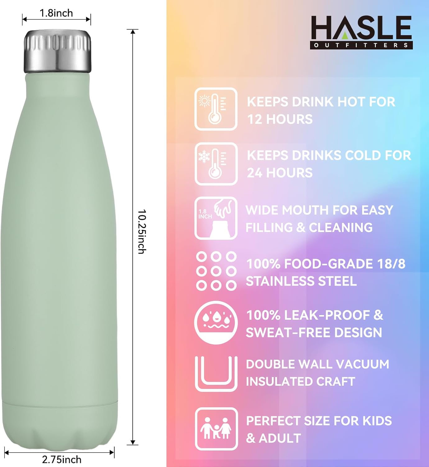 HASLE OUTFITTERS 17oz Stainless Steel Water Bottles, Vacuum Insulated Water Bottles Double Walled Reusable Metal Sports Water Bottles Keep Drinks Hot and Cold, Light Green, 1Pack-4