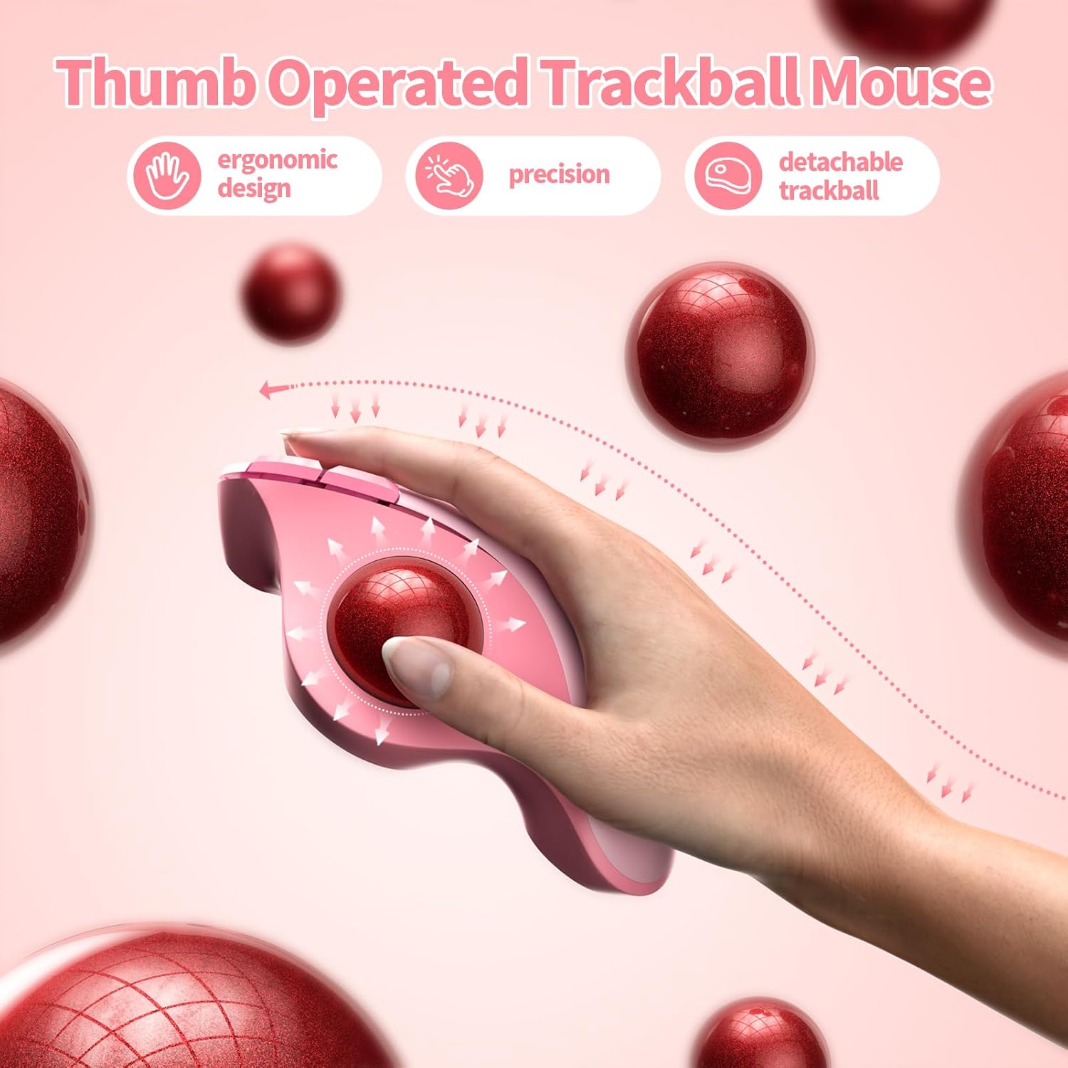 Wireless Trackball Mouse, Bluetooth Ergonomic Mouse - Rollerball Mouse Rechargeable Multi Devices USB/Bluetooth Connection Thumb Control Mouse Compatible for Mac/Android/Windows Computers, Pink-1