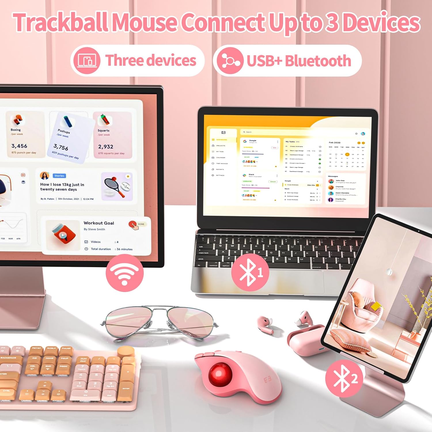 Wireless Trackball Mouse, Bluetooth Ergonomic Mouse - Rollerball Mouse Rechargeable Multi Devices USB/Bluetooth Connection Thumb Control Mouse Compatible for Mac/Android/Windows Computers, Pink-3