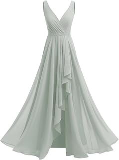 TIRAS Women's V Neck Bridesmaid Dresses with Slit 2024 Chiffon A-line Formal Party Dresses with Pockets CM260