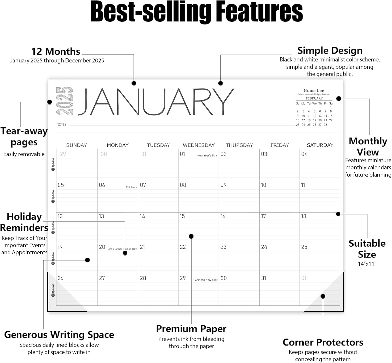 GuassLee Desk Calendar 2025, 2025 Monthly School Year Calendar from Jan. 2025 to Dec. 2025, 14" X 11" Desk Planner, Table Desk Top Calendar with Thick Paper for Office Home Planning & Organizing-2