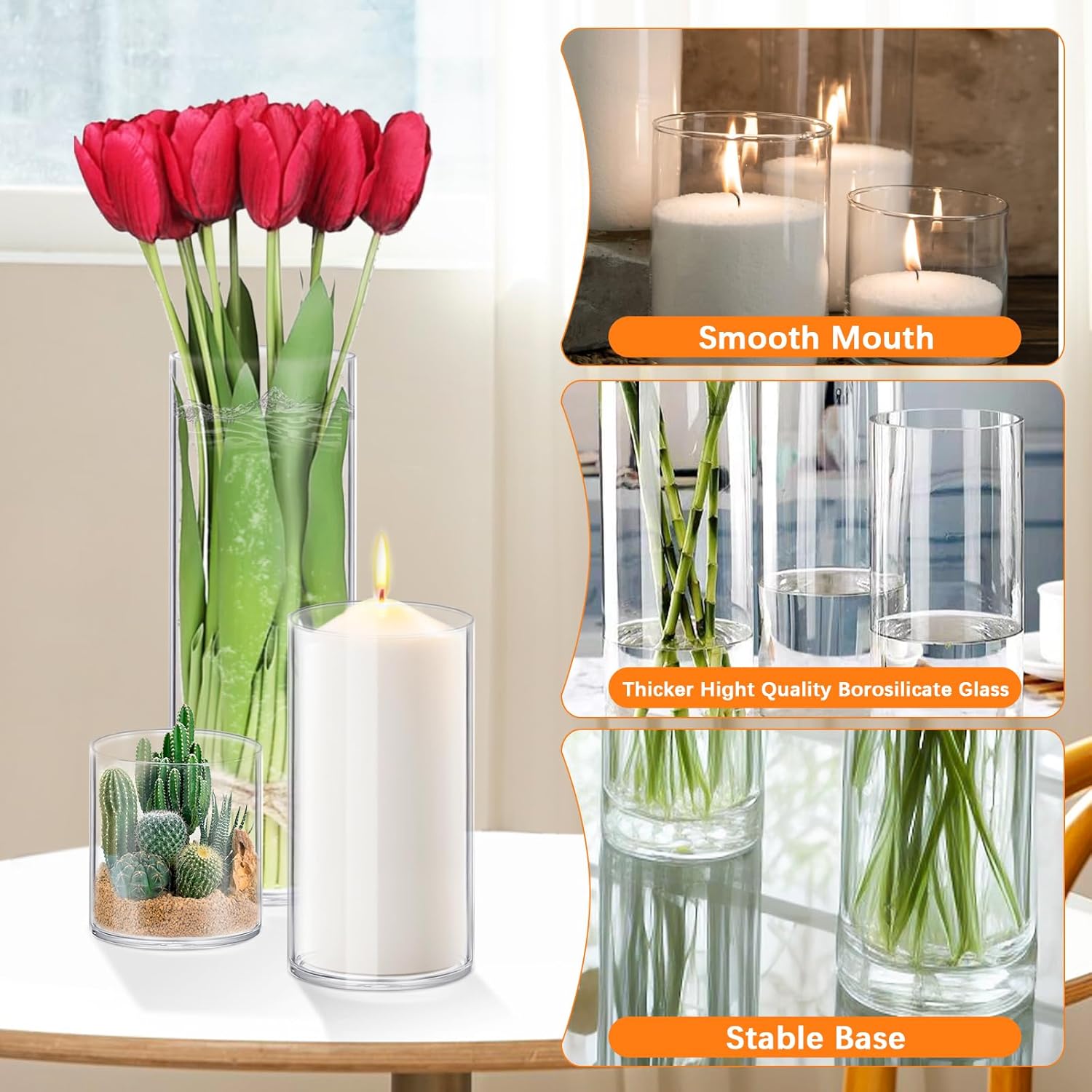 4 Pack Glass Cylinder Vases 4,6,8,10 Inch Tall Clear Flower Vase Hurricane Floating Candle Holder for Table Centerpiece Wedding Home Decor-2