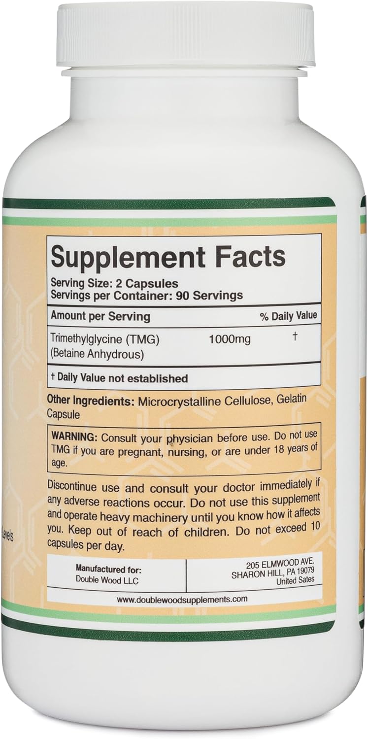 Double Wood Supplements TMG Trimethylglycine Supplement 1,000mg Per Serving, 180 Capsules (TMG Supplements for Homocysteine Control) Genuine TMG with Fishy Smell, Gluten Free, Non-GMO-4