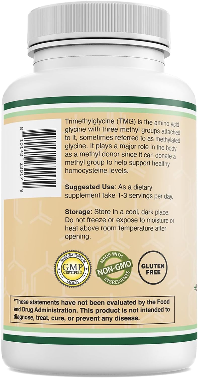 Double Wood Supplements TMG Trimethylglycine Supplement 1,000mg Per Serving, 180 Capsules (TMG Supplements for Homocysteine Control) Genuine TMG with Fishy Smell, Gluten Free, Non-GMO-5