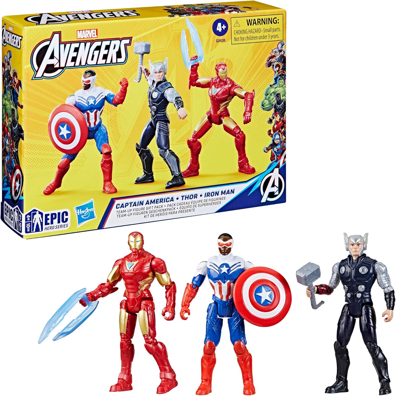 Marvel Avengers Epic Hero Series Team-Up Gift Pack, 4-Inch-Scale (10cm) Captain America, Thor, Iron Man Action Figures, Toys for Kids Ages 4 and Up-1