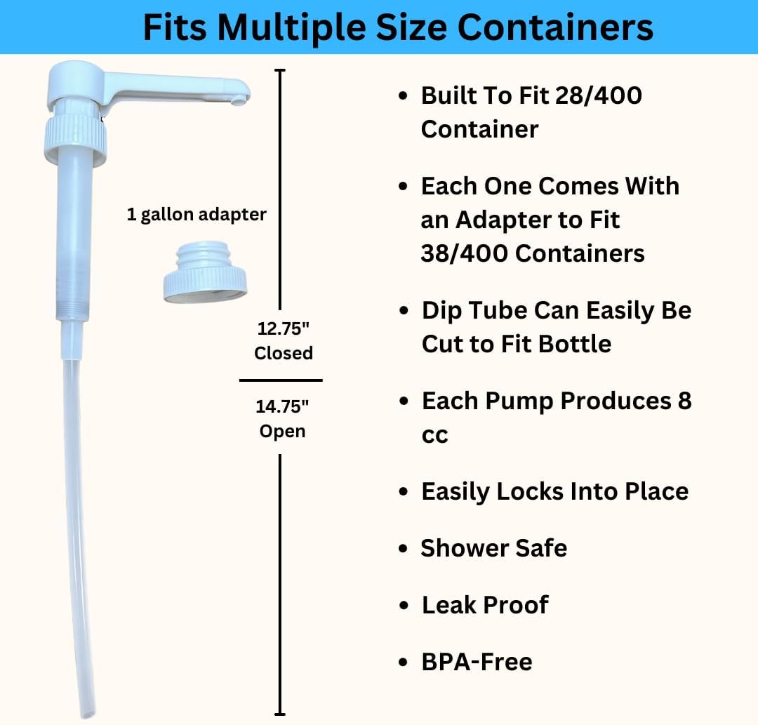 Dual Fitting Pump Dispenser for Gallon Jugs and Smaller Bottles (8cc Each Pump/Fits 28-400 and 38-400) Leak Proof for Household and Commercial Use, Plastic Pump for 1 Gallon Jug - BPA Free (2-Pack)-1