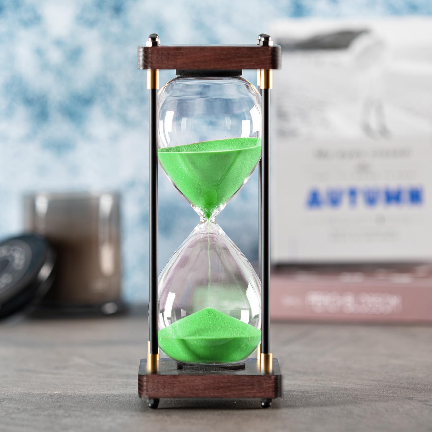 Large Hourglass Timer 60 Minute, Decorative Wooden Sand Timer with Green Sand, 1 Hour Sand Clock-1