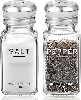 Glass Salt and Pepper Shakers Set by Brighter Barns - Modern Kitchen Decor, Dining Table Countertop Accessory - Rustic, Farmhouse, Vintage Glass Shakers with Stainless Steel Lids for Home, Restaurant