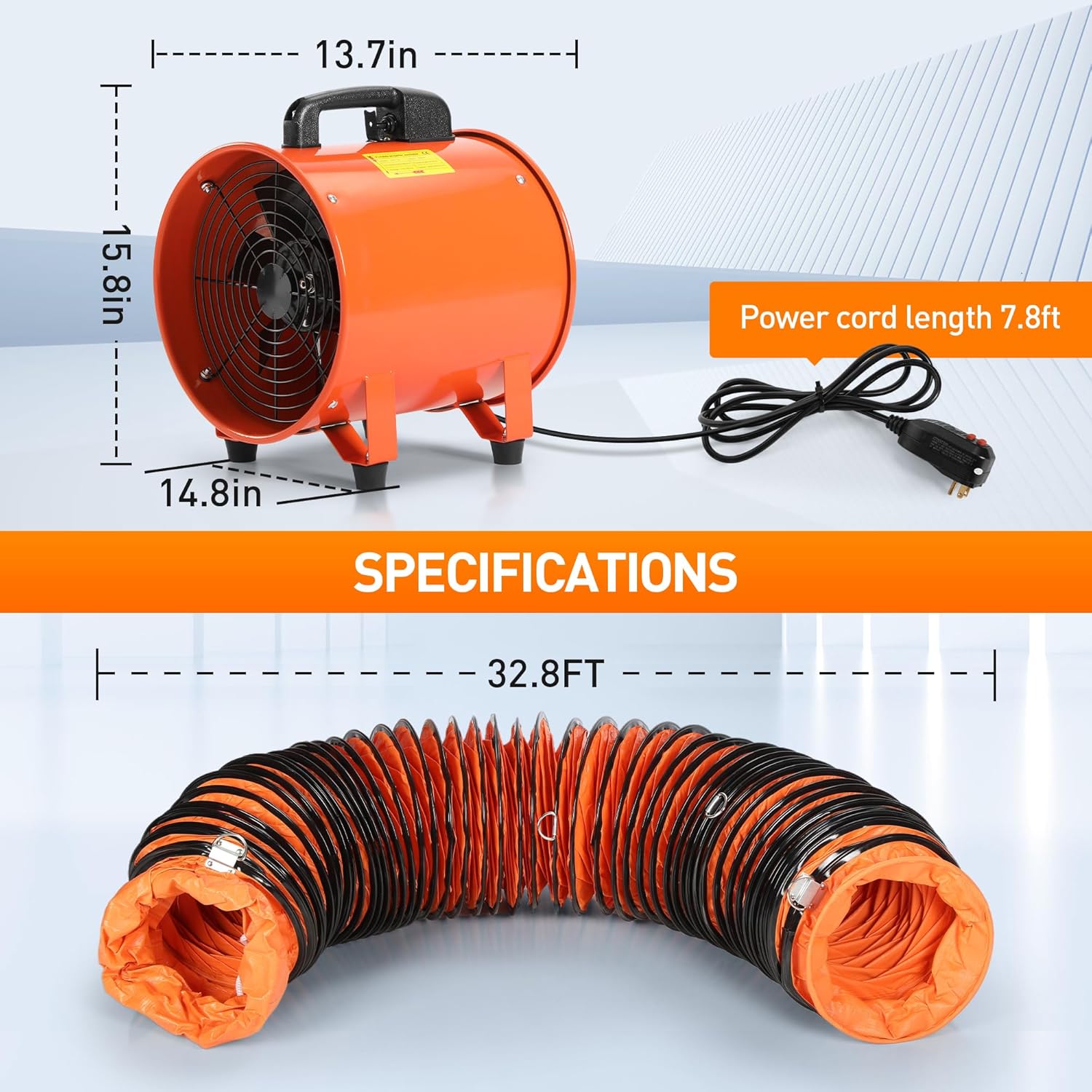 Rengue 12 Inches Utility Blower/Exhaust with 32.8 FT Hose Fan, 3300 r/min High Velocity Low Noise Extraction and Ventilation Fan with Duct Hose-3