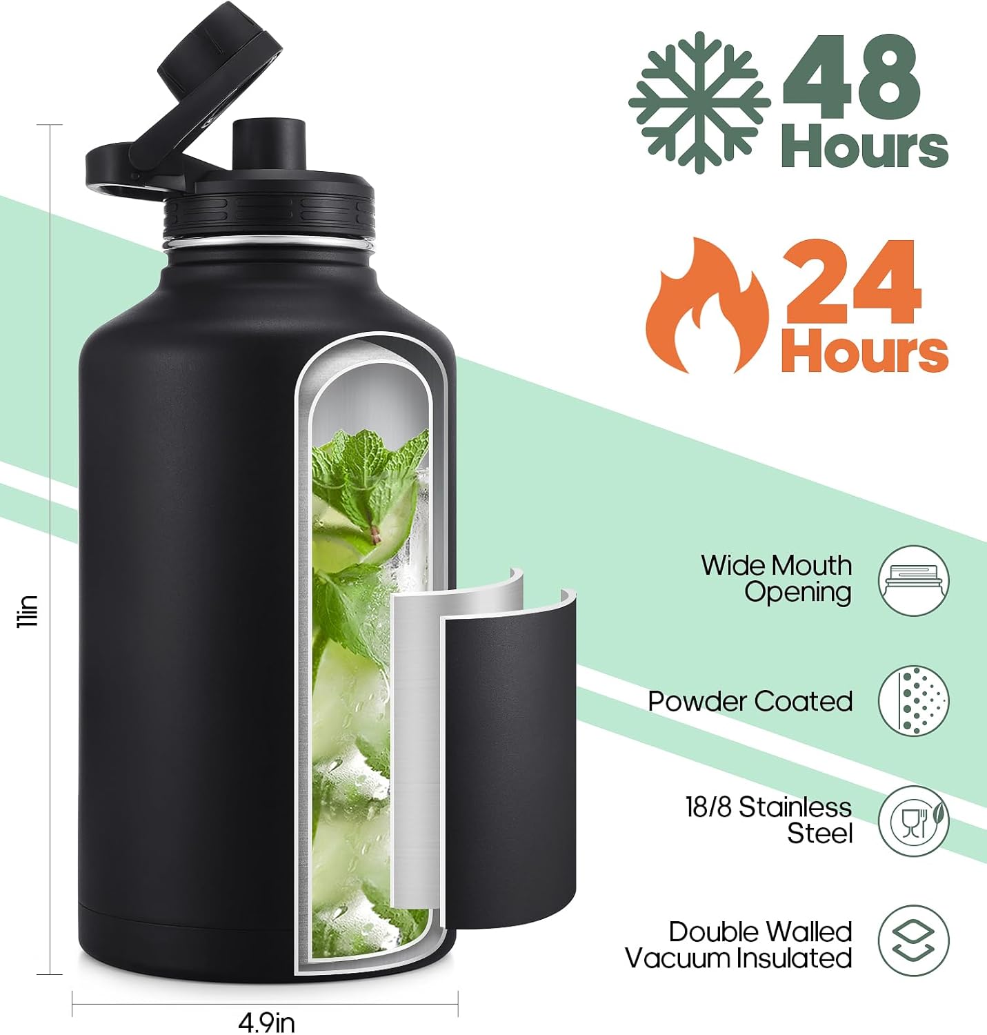 Half Gallon Water Bottle with 2 Lids(Chug Lid and Straw Lid)，64oz Insulated Water Bottle with Straw, Wide Mouth Double-wall Vacuum Thermo with Paracord/Protective Carrier Boot-2