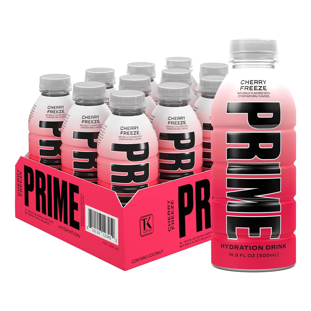 PRIME Hydration CHERRY FREEZE | Sports Drinks | Electrolyte Enhanced for Ultimate Hydration | 250mg BCAAs | B Vitamins | Antioxidants | 2g Of Sugar | 16.9 Fluid Ounce | 12 Pack-0