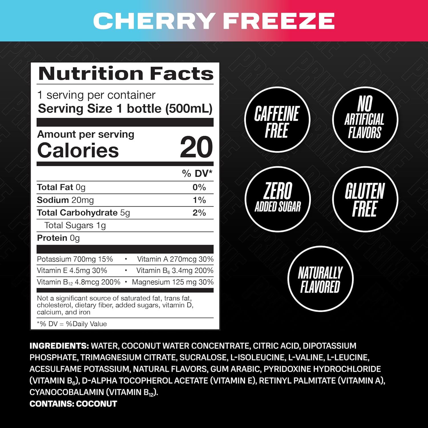 PRIME Hydration CHERRY FREEZE | Sports Drinks | Electrolyte Enhanced for Ultimate Hydration | 250mg BCAAs | B Vitamins | Antioxidants | 2g Of Sugar | 16.9 Fluid Ounce | 12 Pack-1