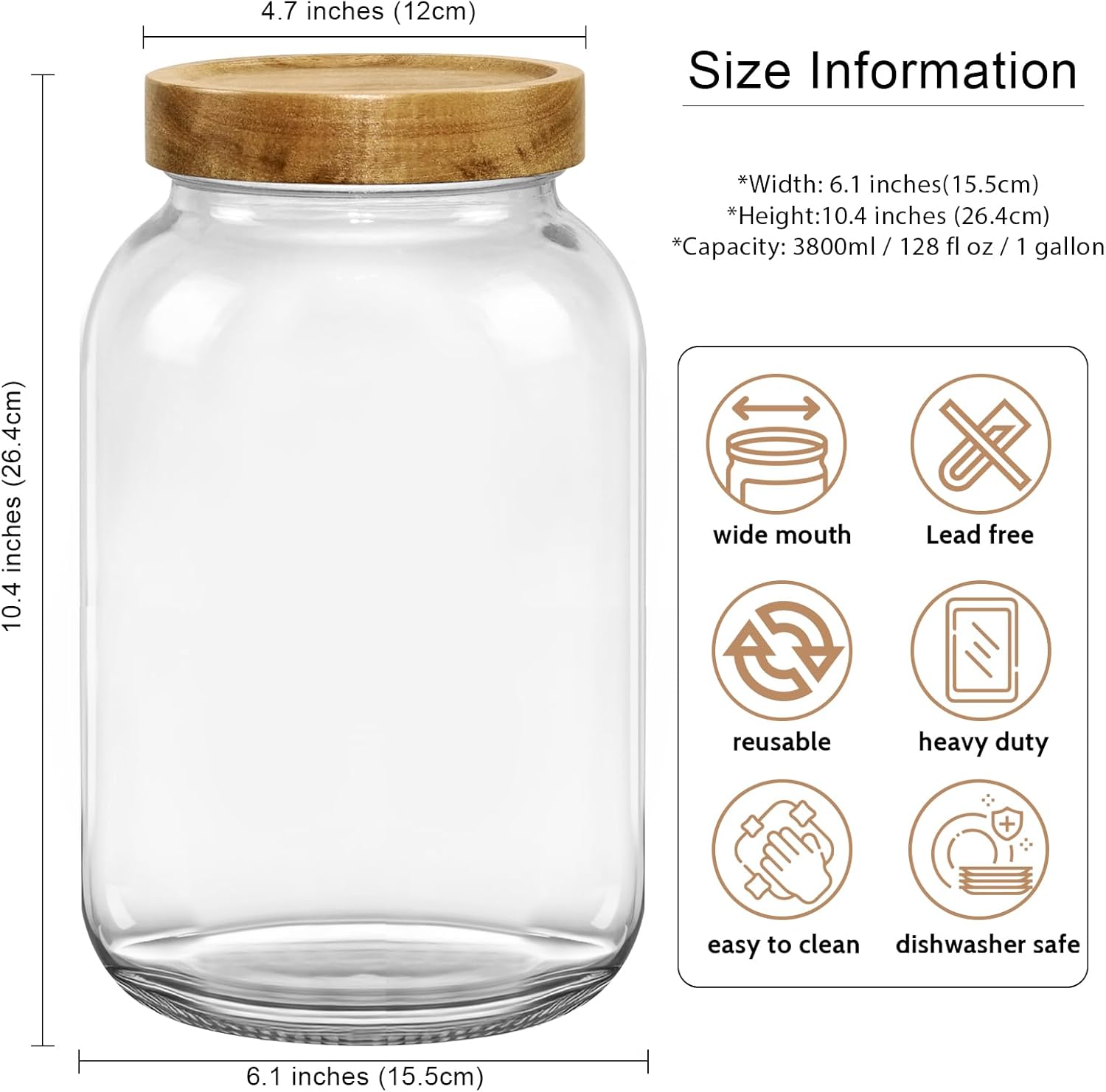 1 Gallon Glass Jar with Airtight Lid, Wide Mouth Mason Jar with Wood Lid, Glass Storage Jars for Kitchen to Store Flour, Rice, Beans, Grains, Oats, Pasta, Sugar, Cookies-6