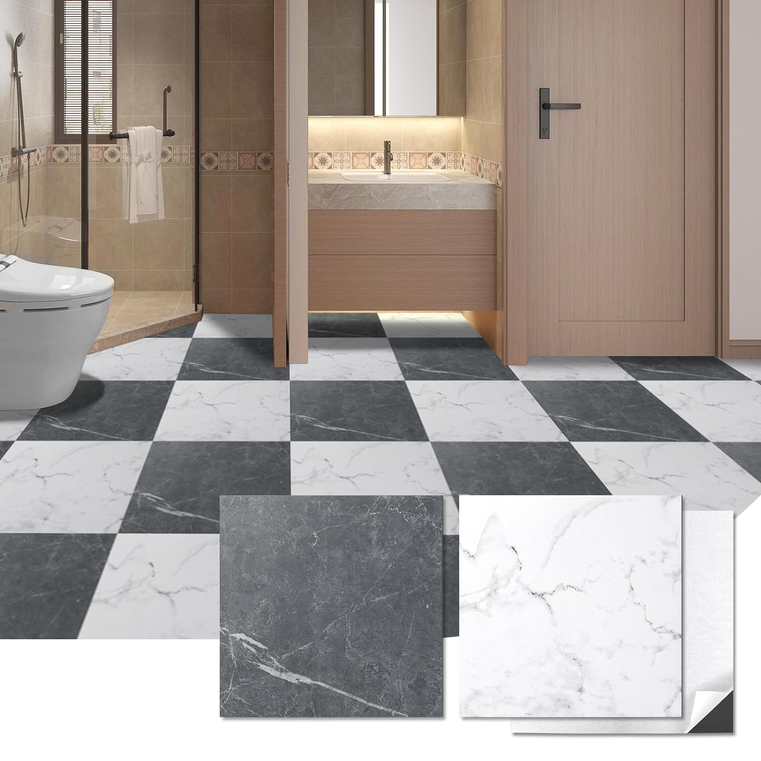 Art3d Peel and Stick Vinyl Floor Tiles 30-Pack 12 x 12 inch, Self Adhesive Waterproof Flooring Planks for Kitchen, Dining Room, Bedrooms, Cover 30 Sq. Ft, Grey & White Marble (15 Tiles per Color)-0