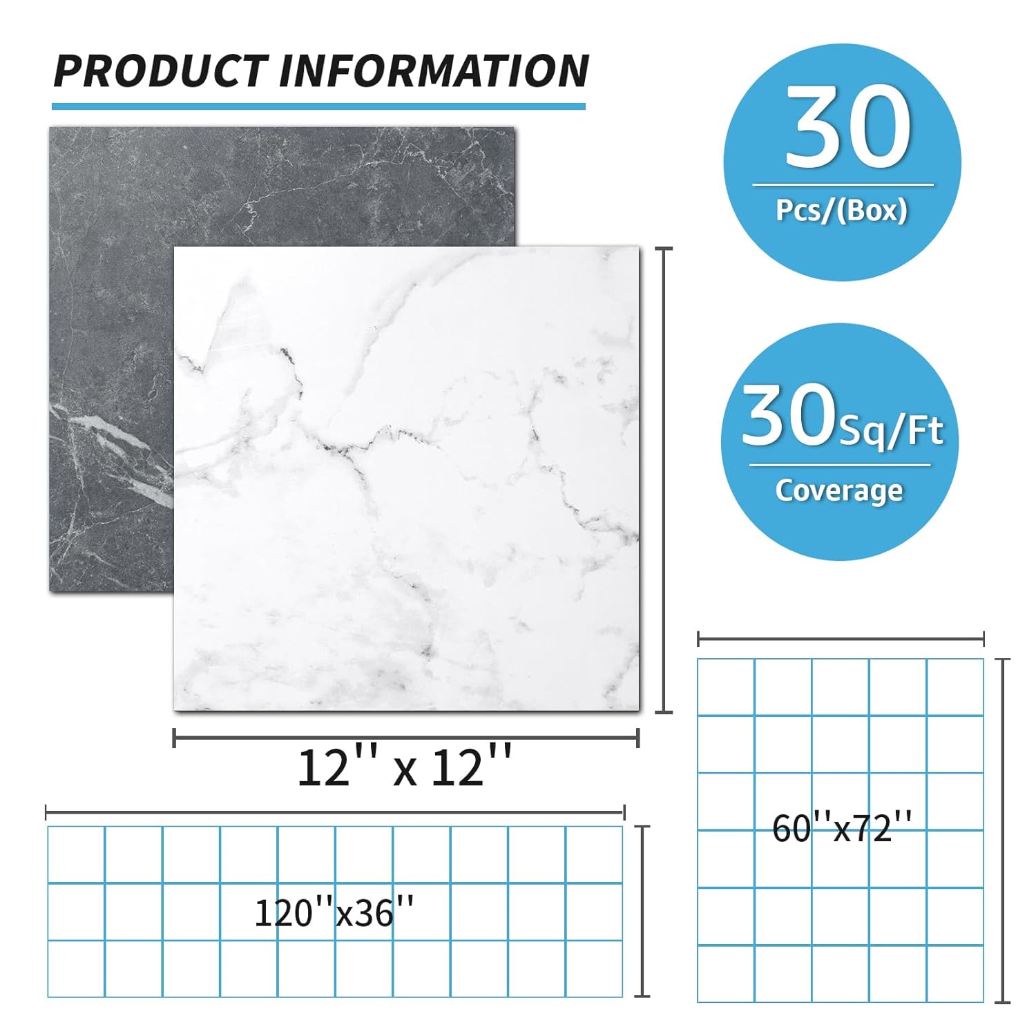 Art3d Peel and Stick Vinyl Floor Tiles 30-Pack 12 x 12 inch, Self Adhesive Waterproof Flooring Planks for Kitchen, Dining Room, Bedrooms, Cover 30 Sq. Ft, Grey & White Marble (15 Tiles per Color)-3