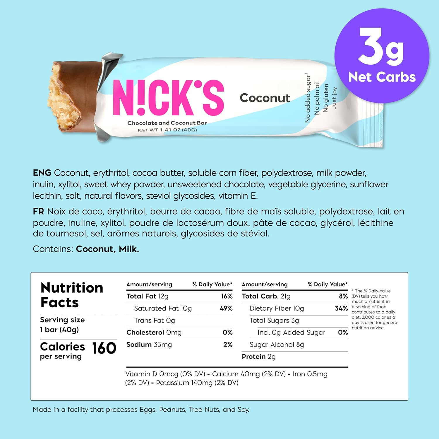 NICKS Coconut Keto Chocolate Candy Bars No Added Sugar 160 Calories, 3.0 Net carbs, Gluten Free Sweets Low carb Candy Snack Bar (Multipack 15x40g)-2