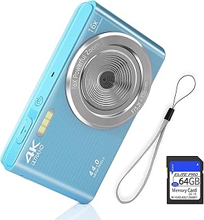 FHD 4K 44MP Digital Camera for Kids Video Camera with 64GB SD Card 16X Digital Zoom, Compact Point and Shoot Camera Portable for Kids 4K YouTube Camera (Blue)